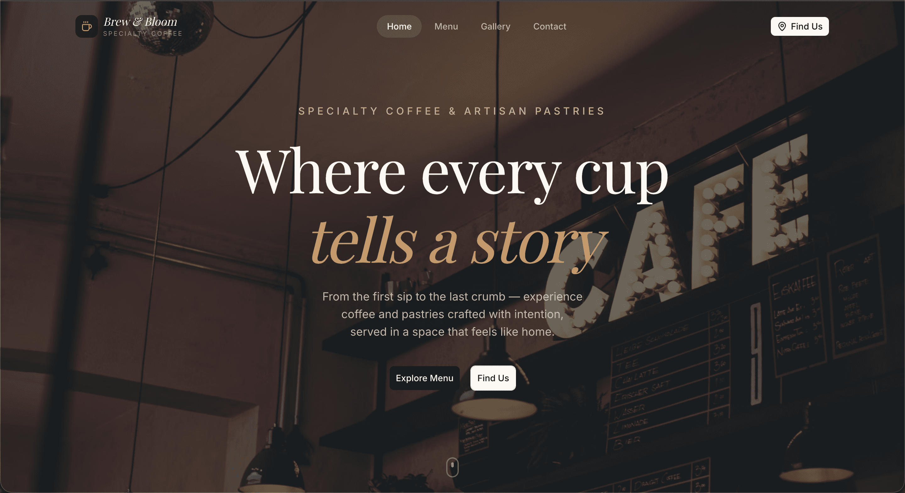 Brew & Bloom coffee shop website hero section
