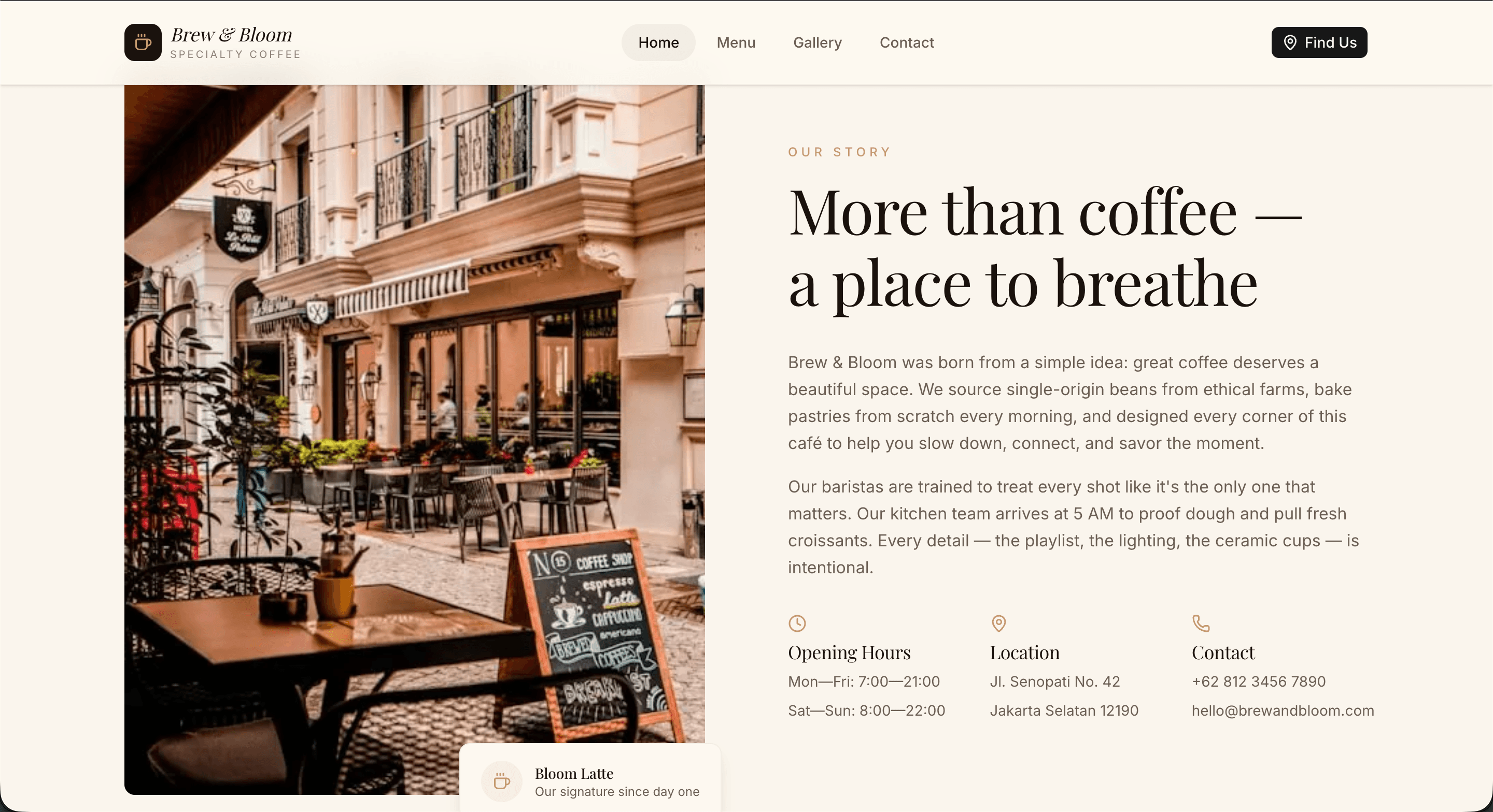 Brew & Bloom coffee shop website about section with stats