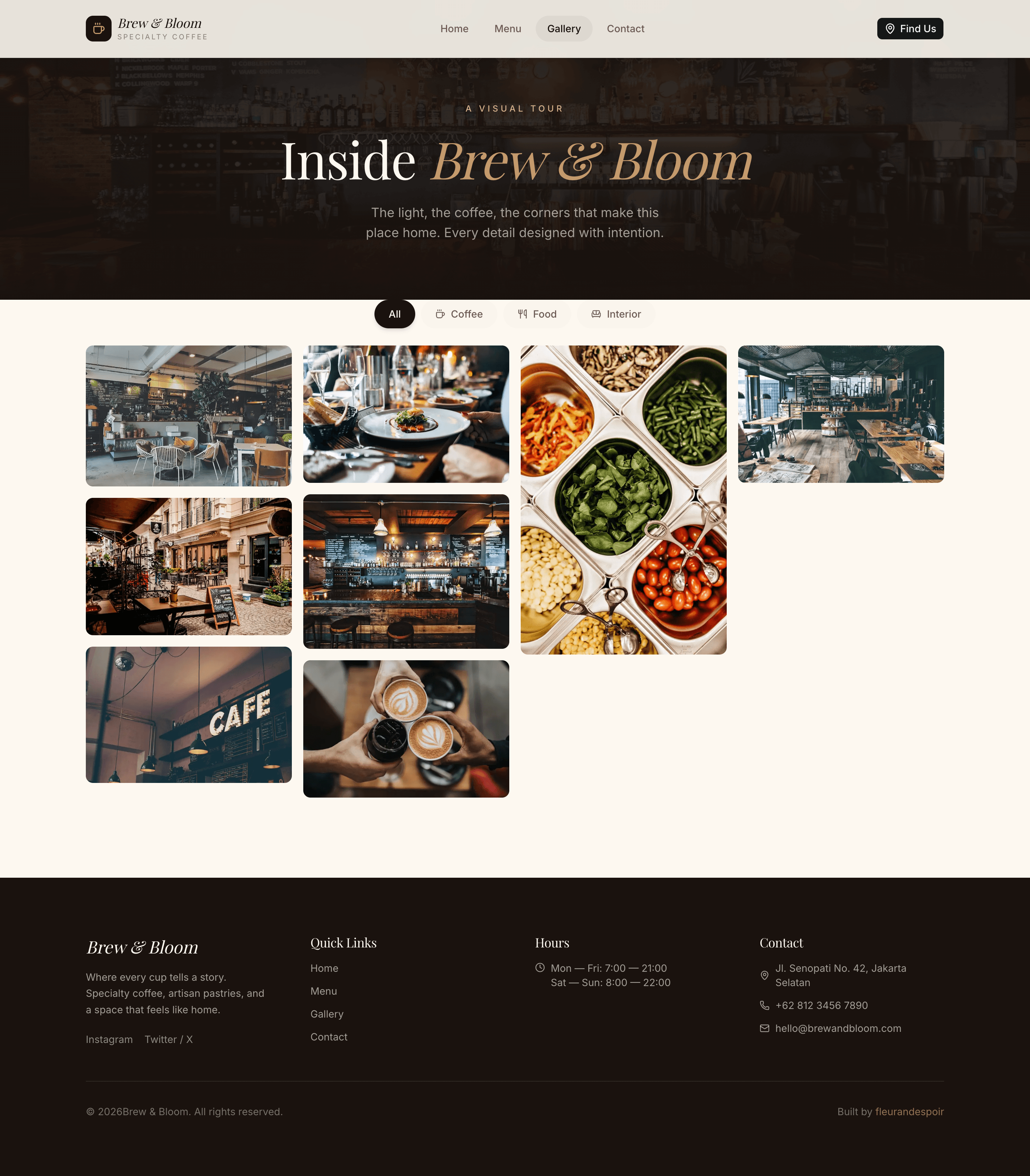 Brew & Bloom coffee shop website gallery page