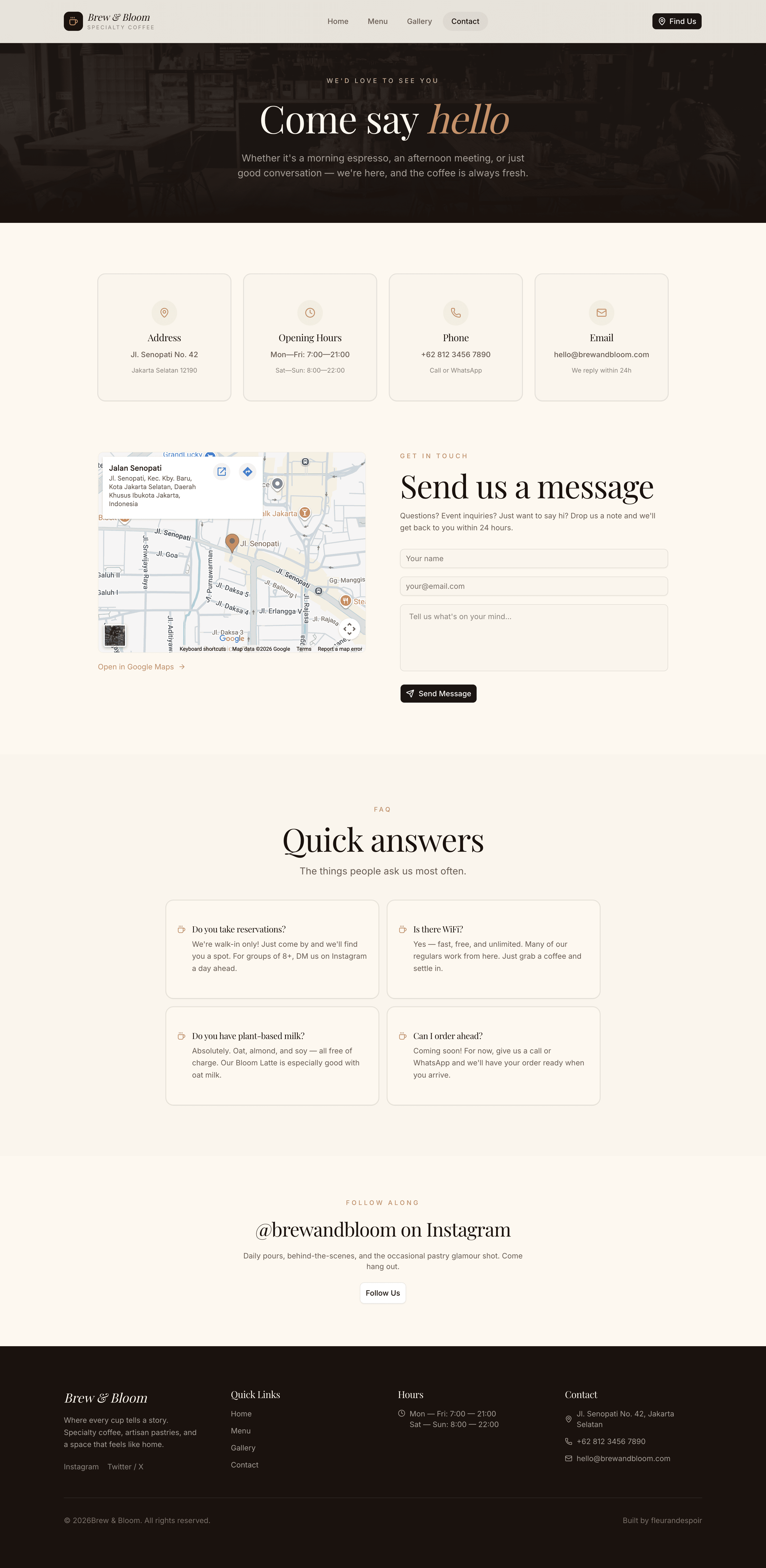 Brew & Bloom coffee shop website contact page