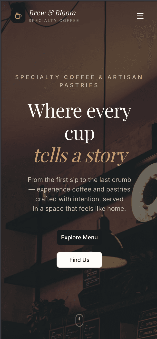 Brew & Bloom coffee shop website mobile responsive view 1