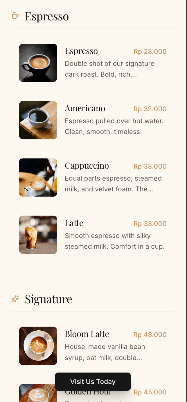 Brew & Bloom coffee shop website mobile responsive view 2