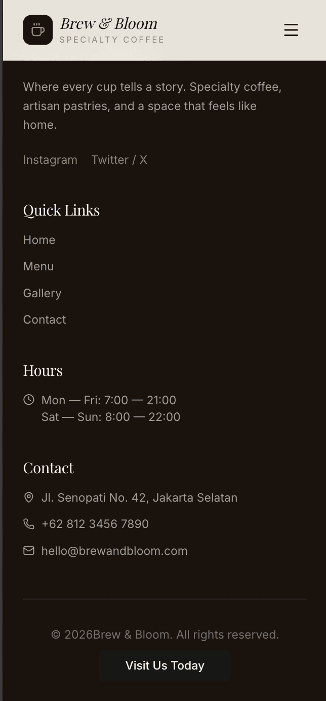 Brew & Bloom coffee shop website mobile responsive view 3