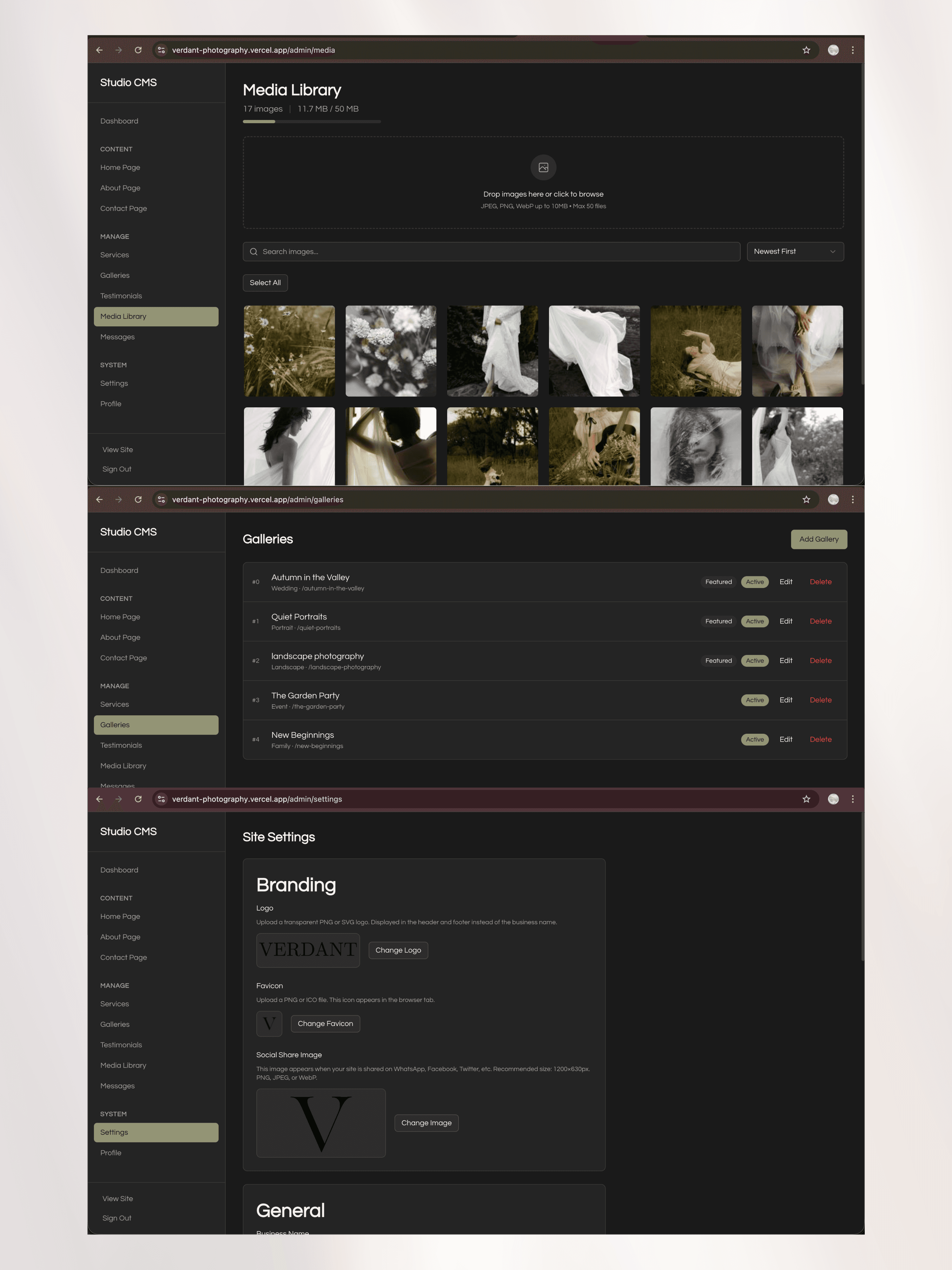 Photography CMS dashboard overview
