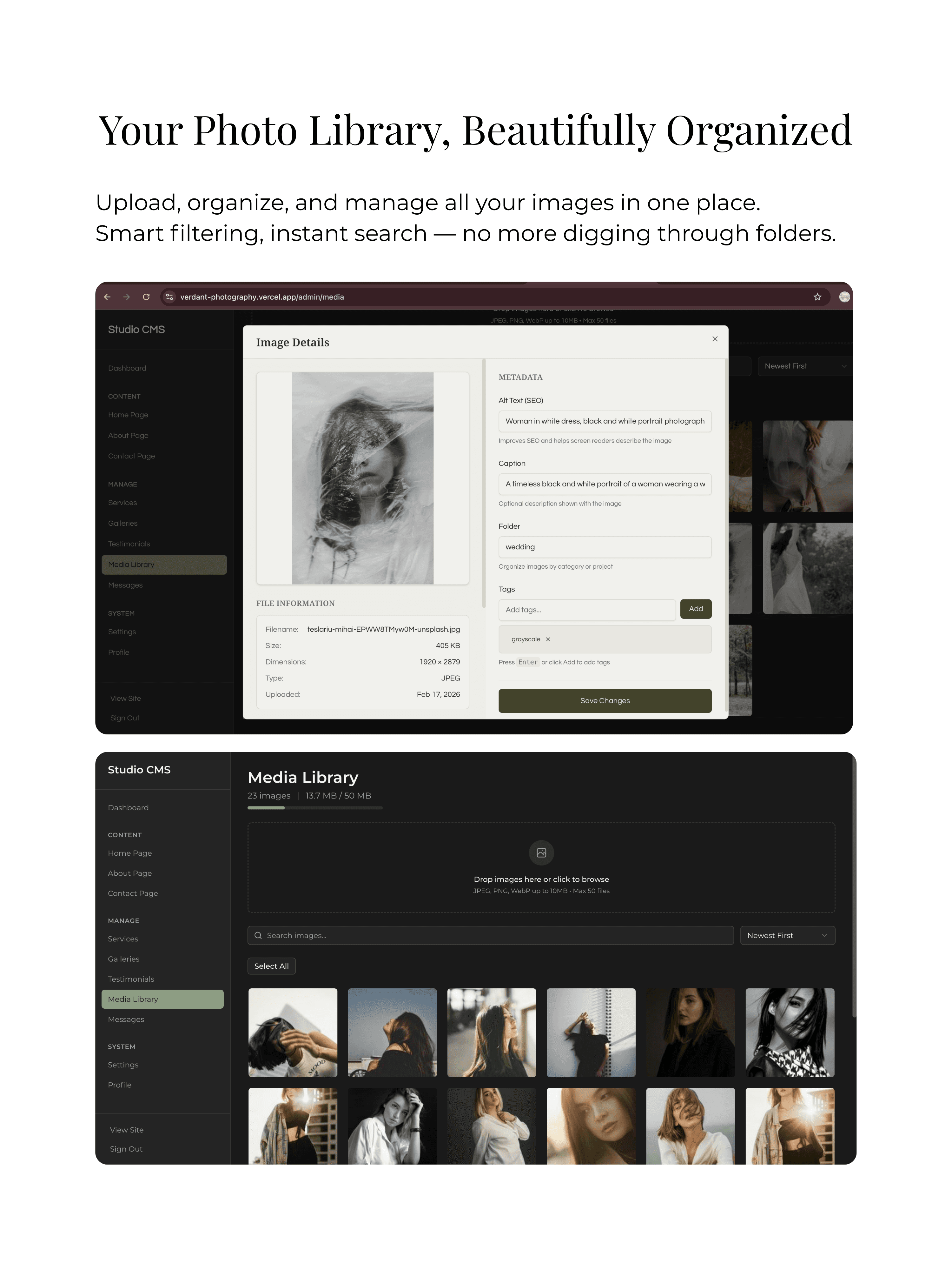 Photography CMS dashboard portfolio