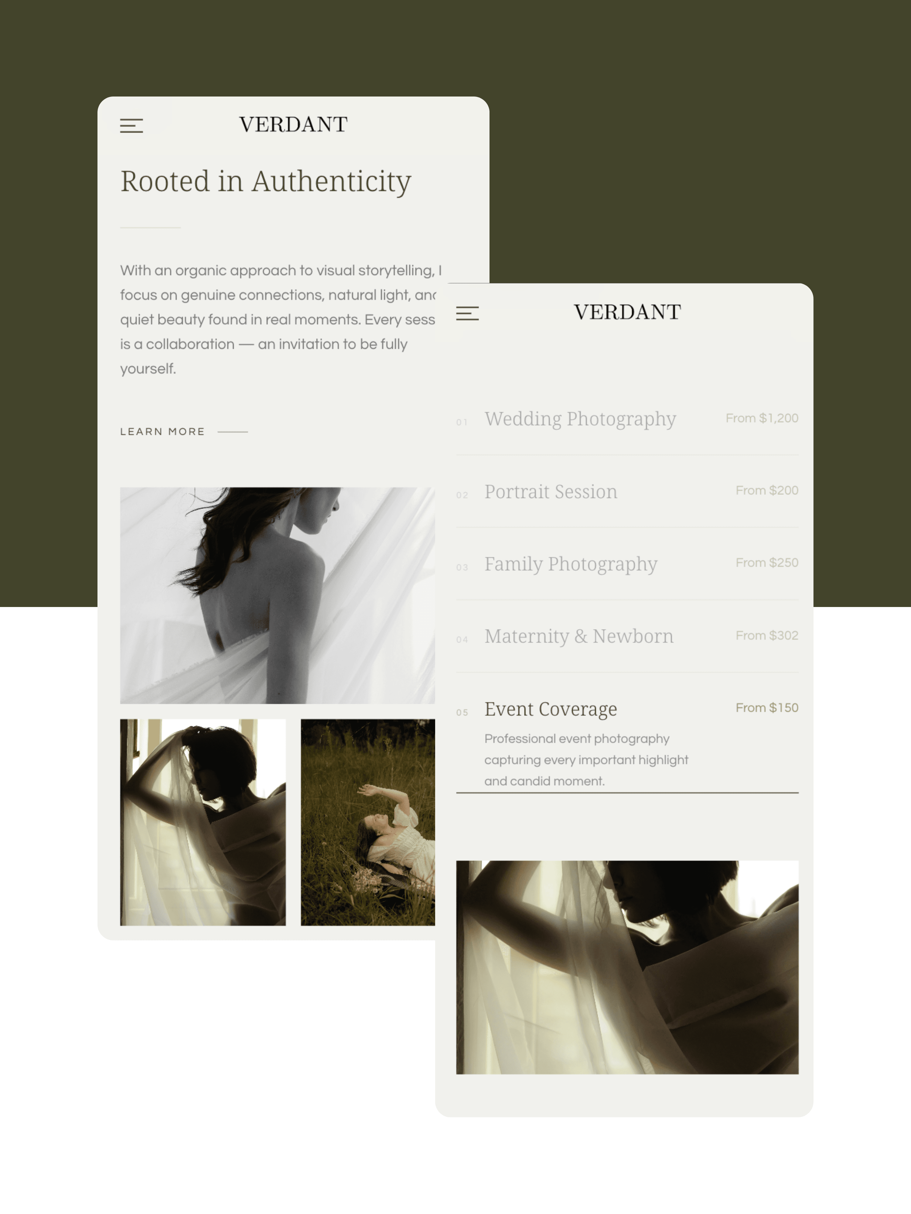 Photography website mobile view
